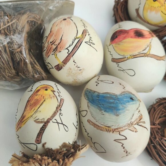 6 Ceramic Painted Bird Egg in Nest Artisan Farmhouse Decor 3.5" For Craft DIY - Picture 2 of 16